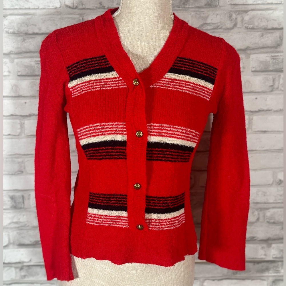 Vintage Red Retro Striped Knit Cardigan Button Sweater Small